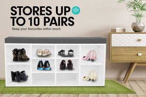 Shoe Rack Cabinet Organiser | Grey Cushion Stool Bench Ottoman | 104 x 30 x 45 | White