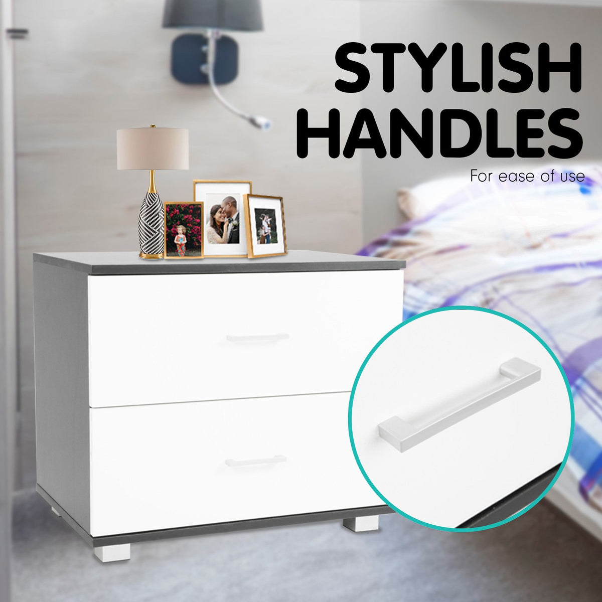 Bedside Table Cabinet Storage Chest | 2 Drawers | Lamp Side Nightstand | White | Black