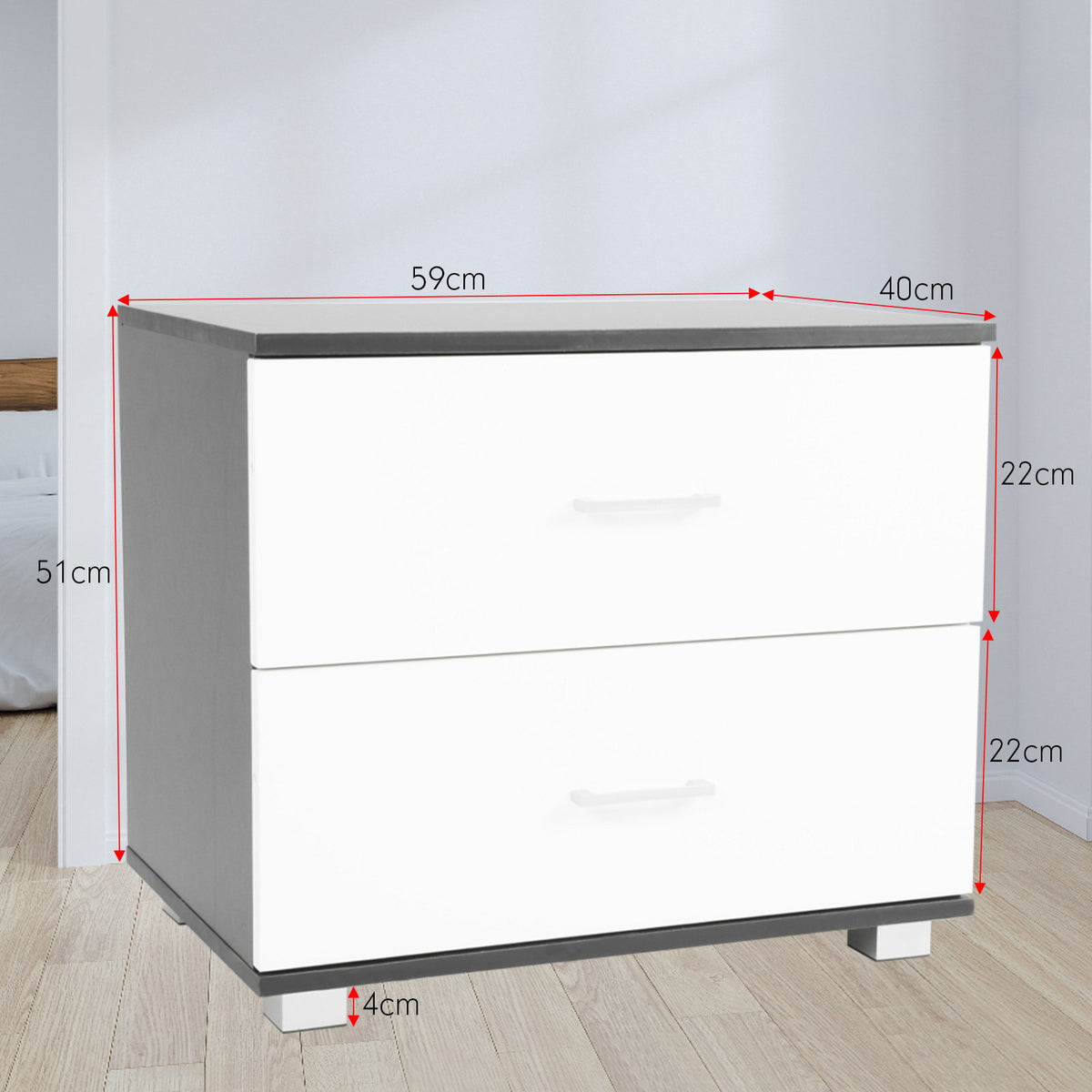 Bedside Table Cabinet Storage Chest | 2 Drawers | Lamp Side Nightstand | White | Black