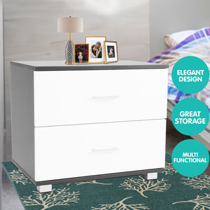 Bedside Table Cabinet Storage Chest | 2 Drawers | Lamp Side Nightstand | White | Black
