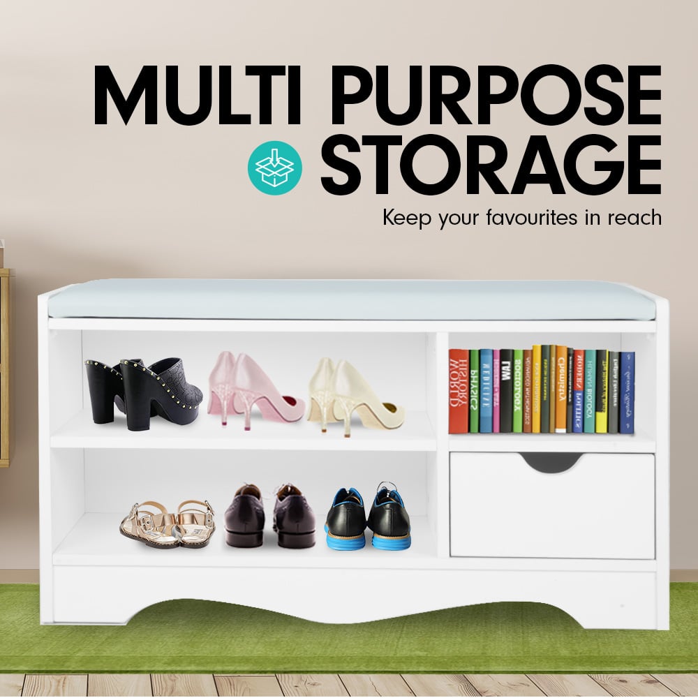 Shoe Rack Cabinet Organiser | Grey Cushion Stool Bench | 80 x 30 x 45 | White