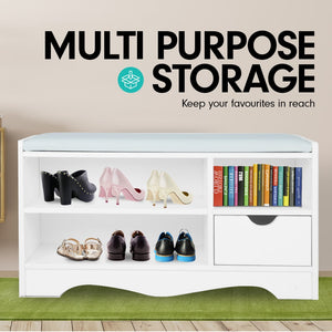 Shoe Rack Cabinet Organiser | Grey Cushion Stool Bench | 80 x 30 x 45 | White