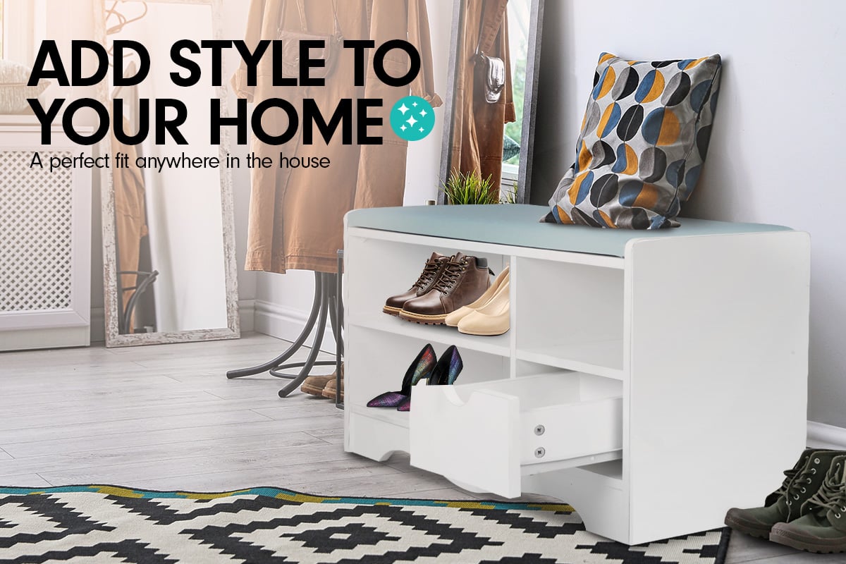 Shoe Rack Cabinet Organiser | Grey Cushion Stool Bench | 80 x 30 x 45 | White