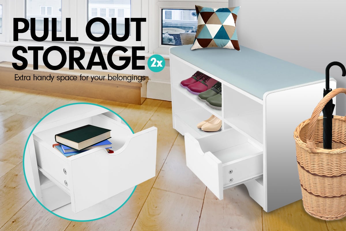 Shoe Rack Cabinet Organiser | Grey Cushion Stool Bench | 80 x 30 x 45 | White