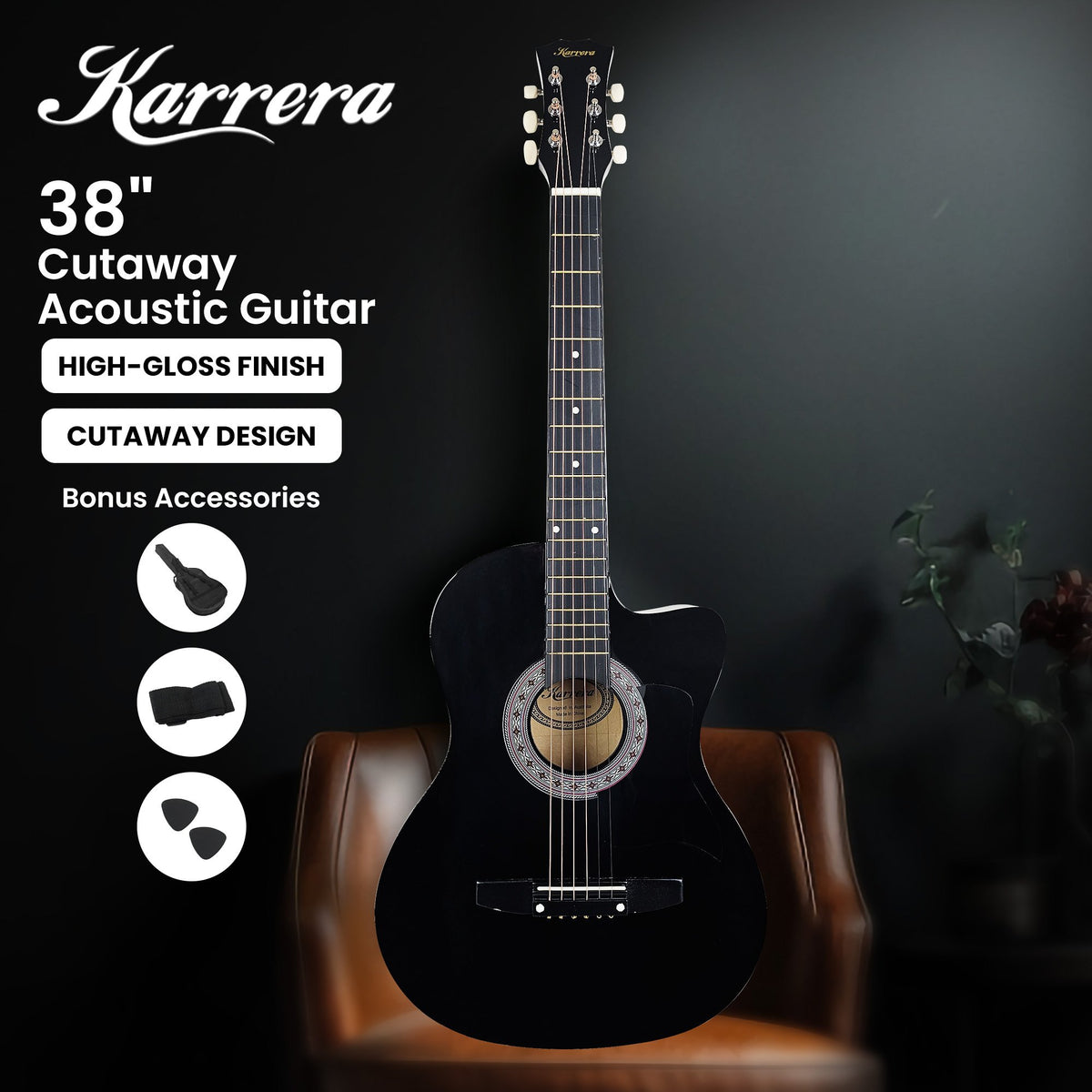 Karrera 38in Cutaway Acoustic Guitar with Guitar Bag | Black | Full-Size Beginner Guitar