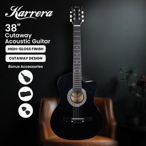 Karrera 38in Cutaway Acoustic Guitar with Guitar Bag | Black | Full-Size Beginner Guitar