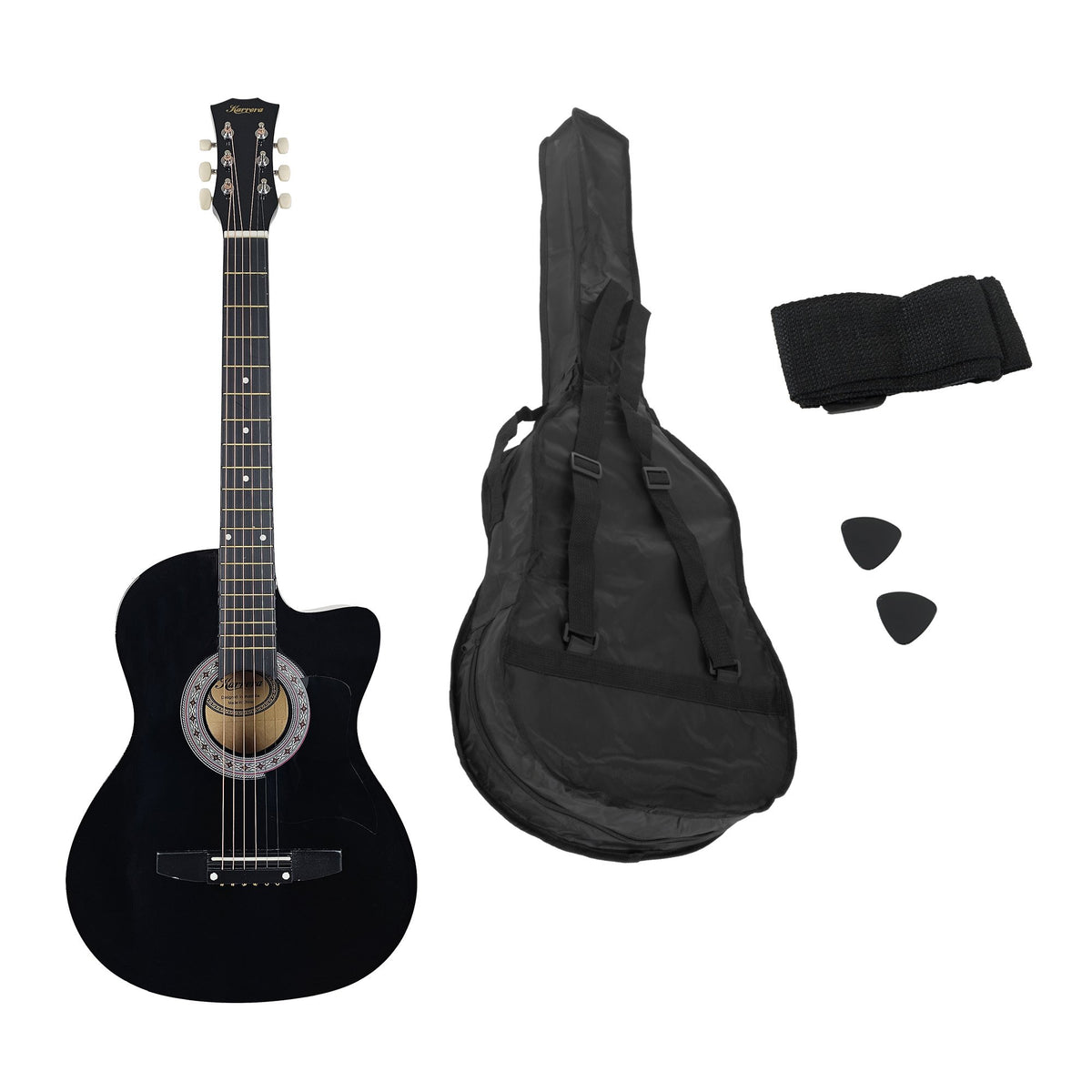 Karrera 38in Cutaway Acoustic Guitar with Guitar Bag | Black | Full-Size Beginner Guitar