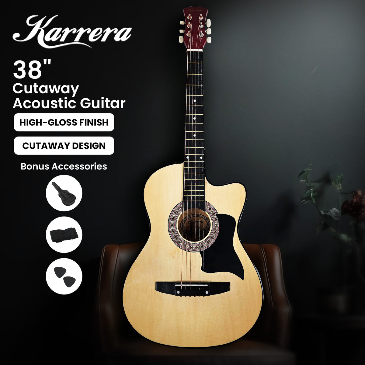 Karrera 38in Cutaway Acoustic Guitar with Guitar Bag | Natural | Beginner-Friendly Set