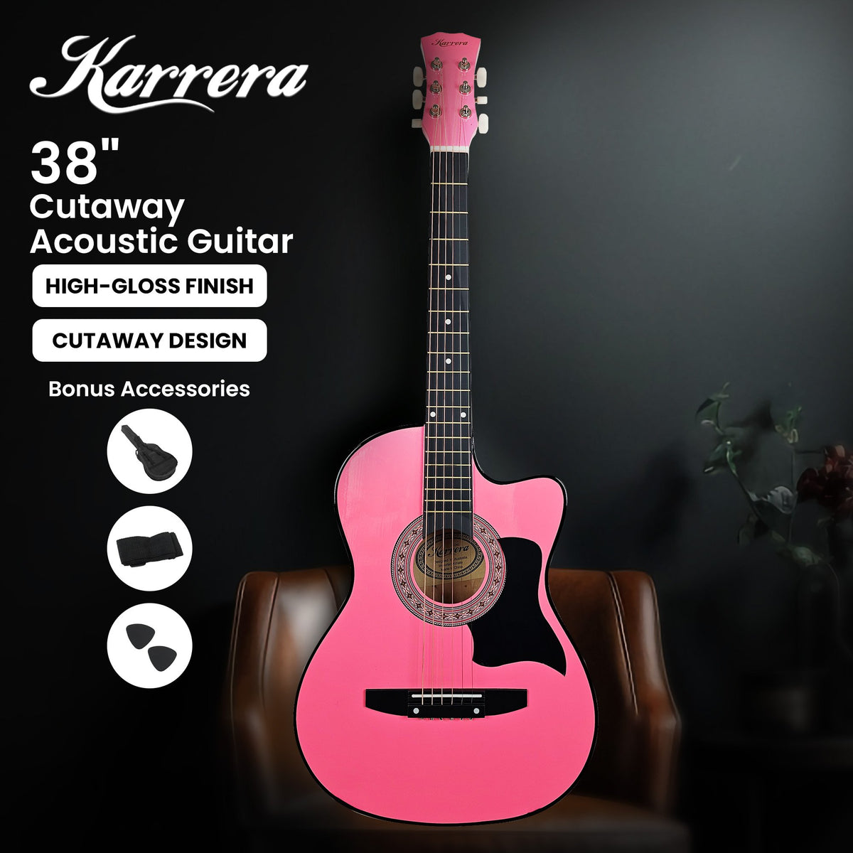 Karrera 38in Cutaway Acoustic Guitar with Guitar Bag | Pink | Stylish Acoustic Set