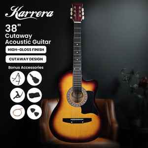 Karrera 38in Pro Cutaway Acoustic Guitar with Bag & Strings | Sunburst | Complete Starter Kit