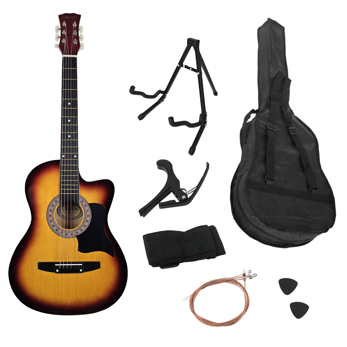 Karrera 38in Pro Cutaway Acoustic Guitar with Bag & Strings | Sunburst | Complete Starter Kit