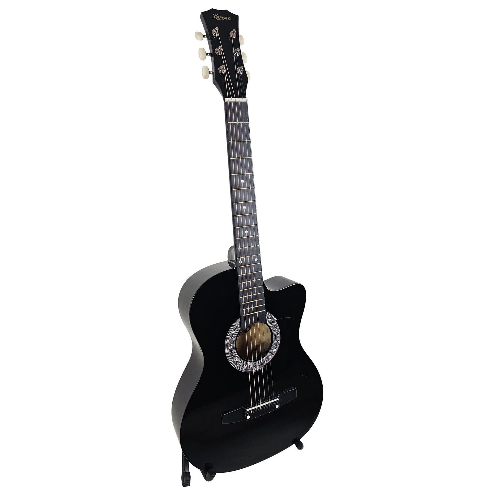 Karrera 38in Pro Cutaway Acoustic Guitar with Carry Bag | Black | Portable Guitar Set