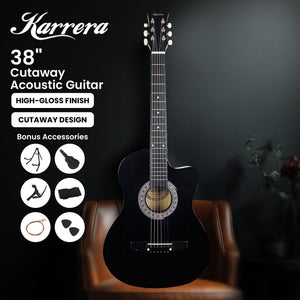 Karrera 38in Pro Cutaway Acoustic Guitar with Carry Bag | Black | Portable Guitar Set