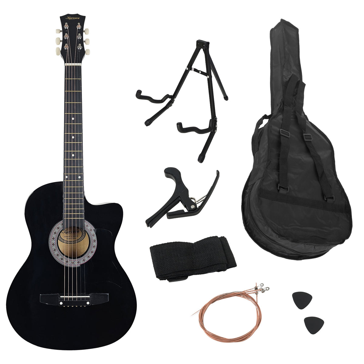 Karrera 38in Pro Cutaway Acoustic Guitar with Carry Bag | Black | Portable Guitar Set