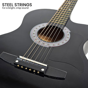 Karrera 38in Pro Cutaway Acoustic Guitar with Carry Bag | Black | Portable Guitar Set