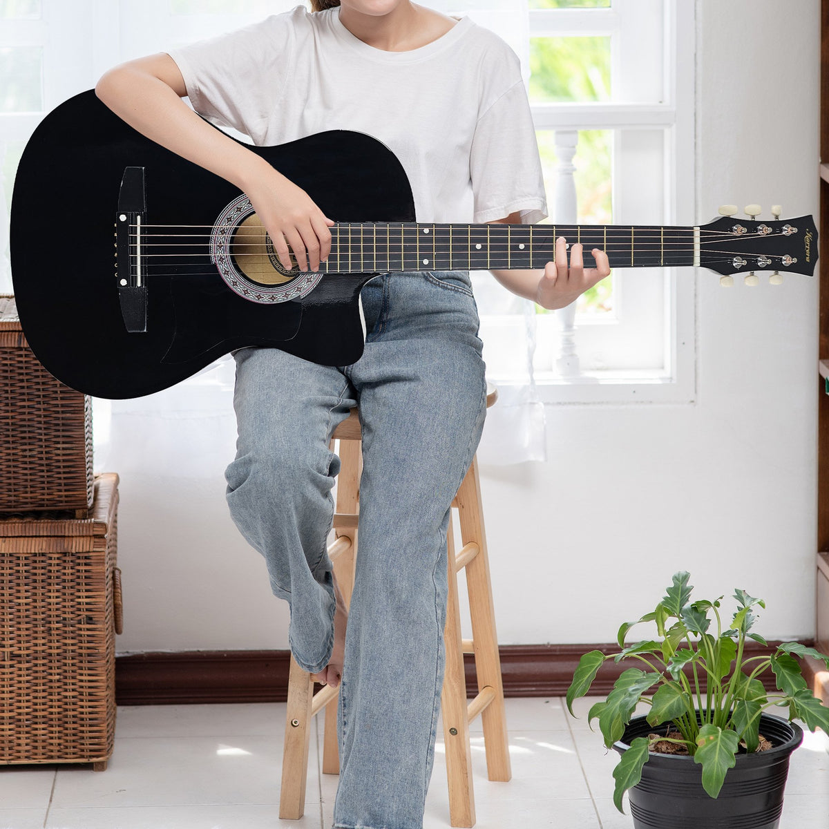 Karrera 38in Pro Cutaway Acoustic Guitar with Carry Bag | Black | Portable Guitar Set