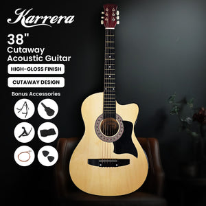 Karrera 38in Pro Cutaway Acoustic Guitar with Guitar Bag | Natural | Classic Acoustic Design
