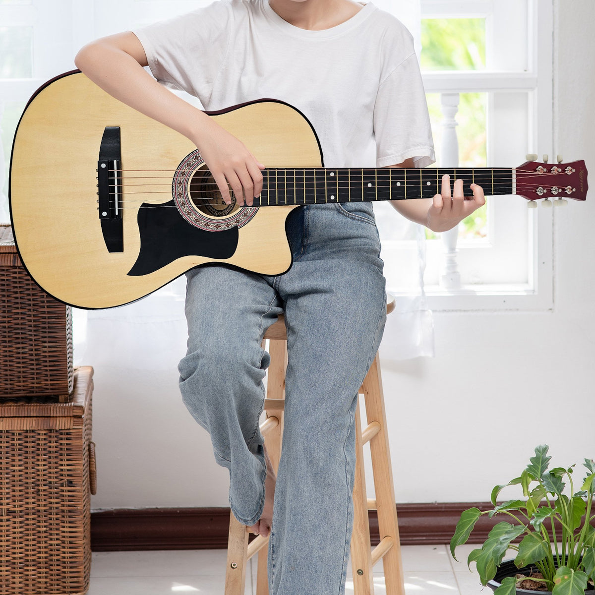 Karrera 38in Pro Cutaway Acoustic Guitar with Guitar Bag | Natural | Classic Acoustic Design