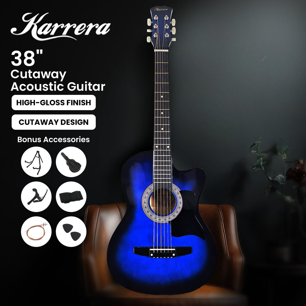 Karrera 38in Pro Cutaway Acoustic Guitar with Bag & Strings | Blue Burst | Full Guitar Set