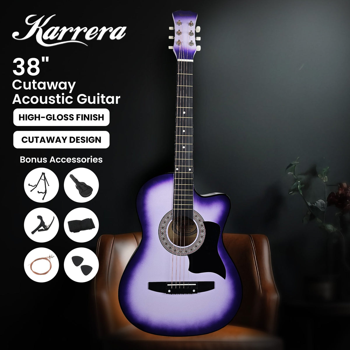 Karrera 38in Pro Cutaway Acoustic Guitar with Guitar Bag | Purple Burst | All-in-One Kit