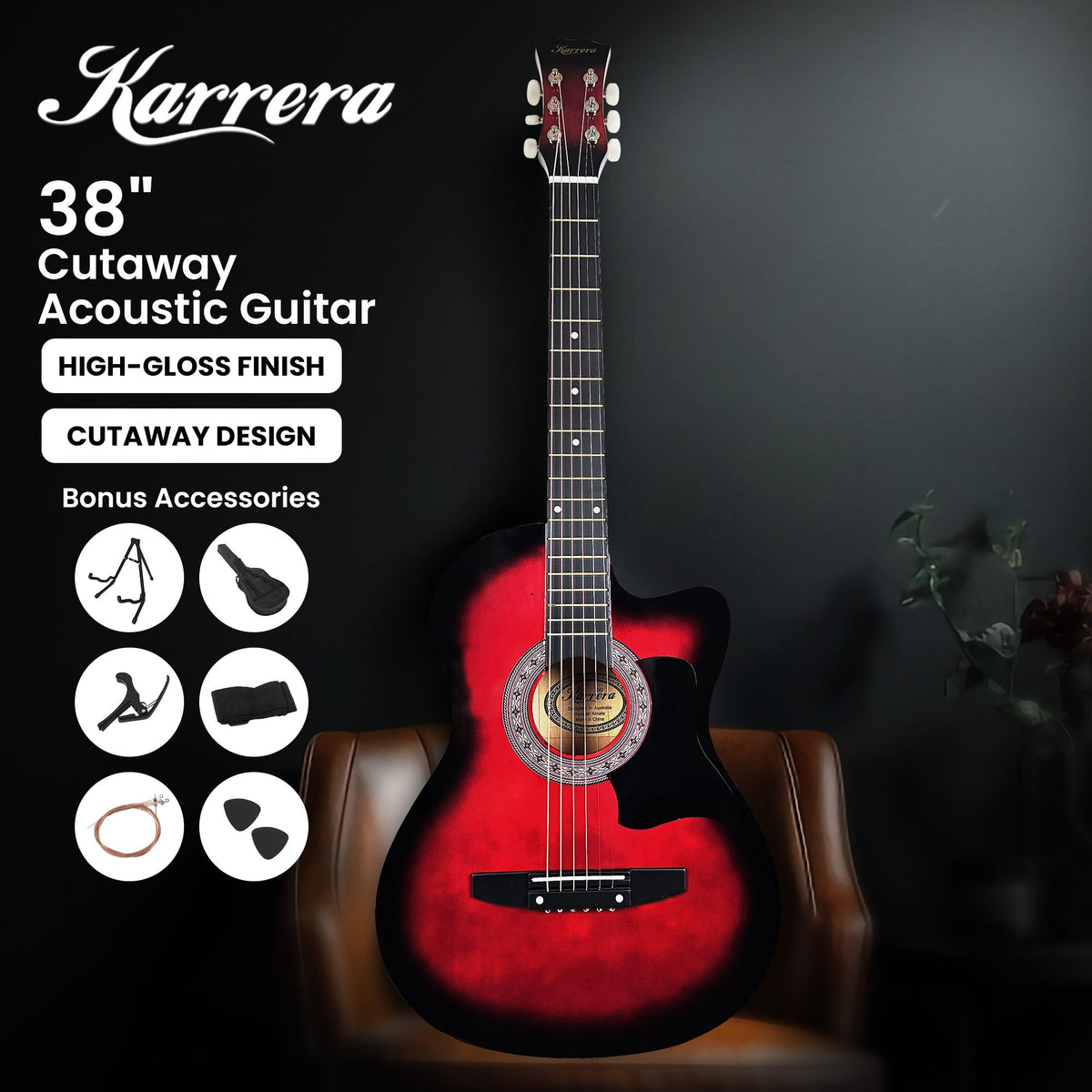 Karrera 38in Pro Cutaway Acoustic Guitar with Guitar Bag | Red Burst | Premium Beginner Set