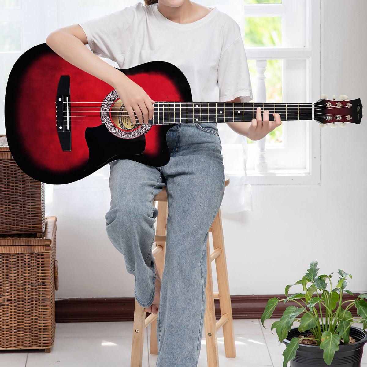 Karrera 38in Pro Cutaway Acoustic Guitar with Guitar Bag | Red Burst | Premium Beginner Set