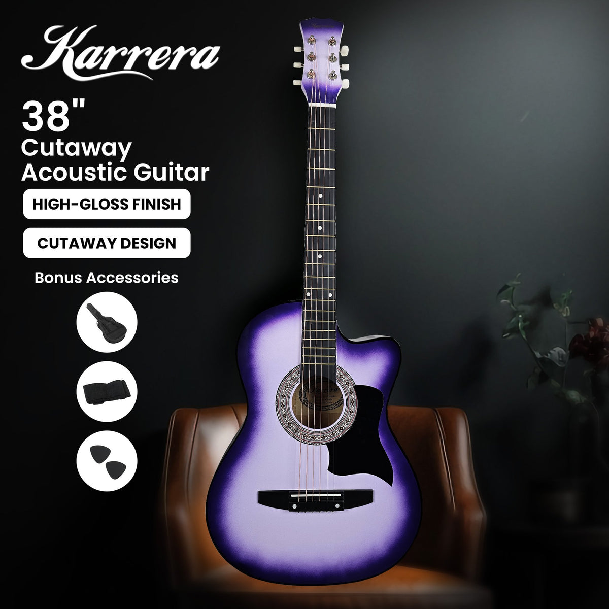 Karrera 38in Cutaway Acoustic Guitar with Guitar Bag | Purple Burst | Great for Beginners