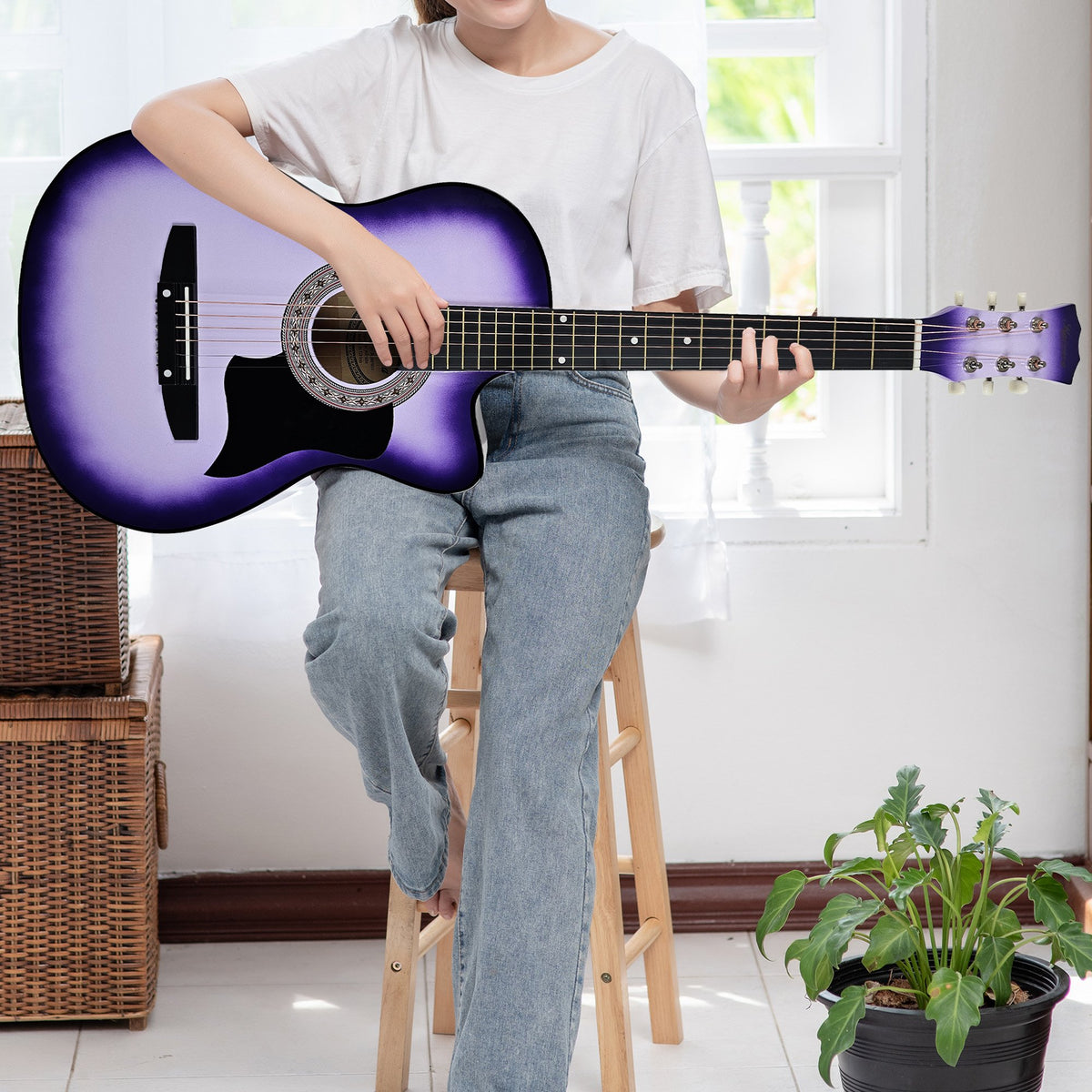 Karrera 38in Cutaway Acoustic Guitar with Guitar Bag | Purple Burst | Great for Beginners