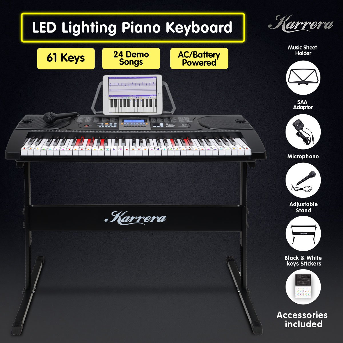 Karrera 61-Key Electronic LED Keyboard Piano with Stand | Black | Digital Music Experience
