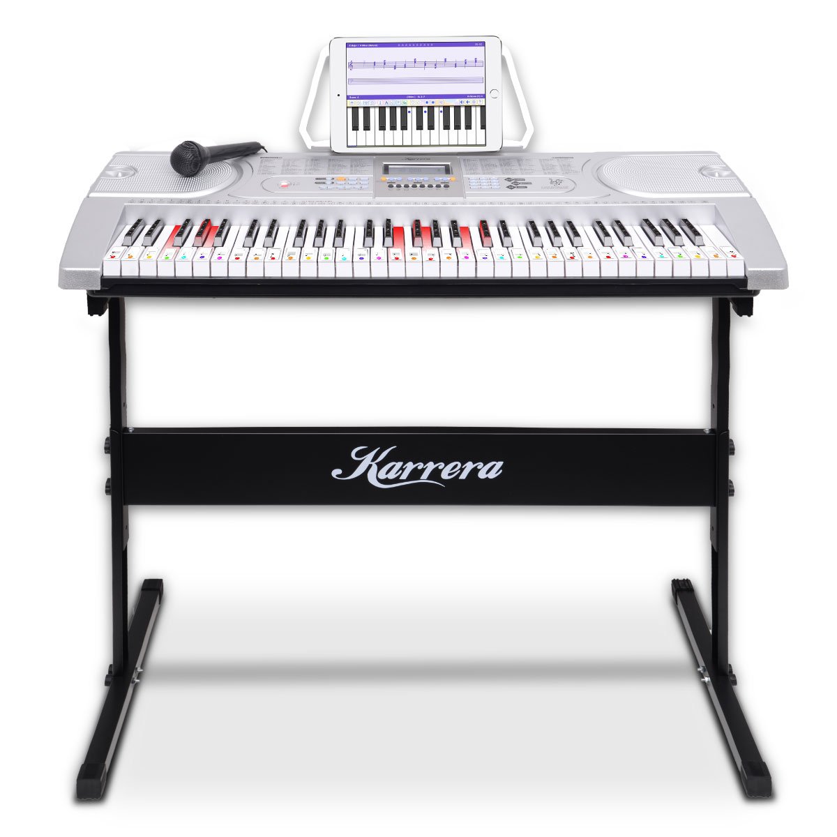 Karrera 61-Key Electronic LED Keyboard Piano with Stand | Silver | Music Learning Instrument