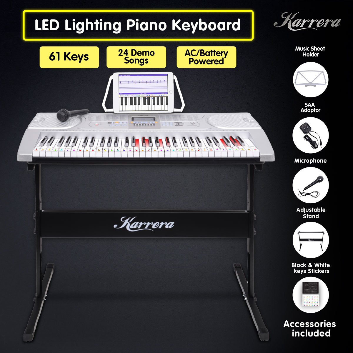 Karrera 61-Key Electronic LED Keyboard Piano with Stand | Silver | Music Learning Instrument