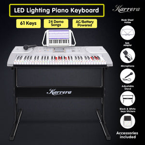 Karrera 61-Key Electronic LED Keyboard Piano with Stand | Silver | Music Learning Instrument