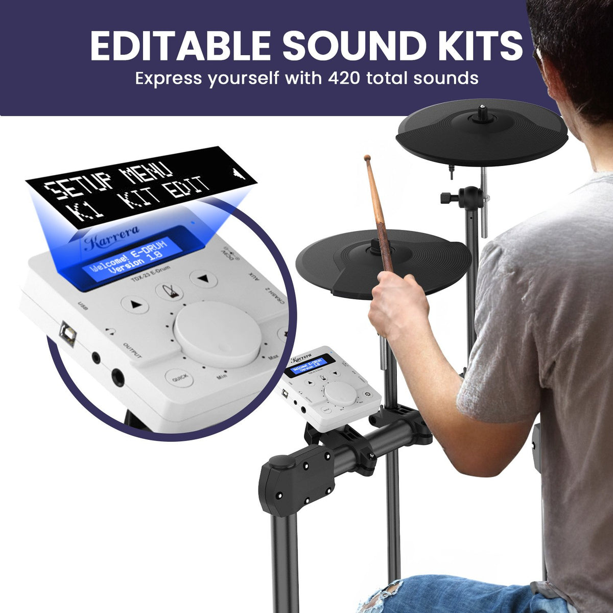 Karrera X23 Electronic Drum Kit | Quiet Mesh Drum Heads | Editable Sound Kits | USB MIDI | 420 Sounds