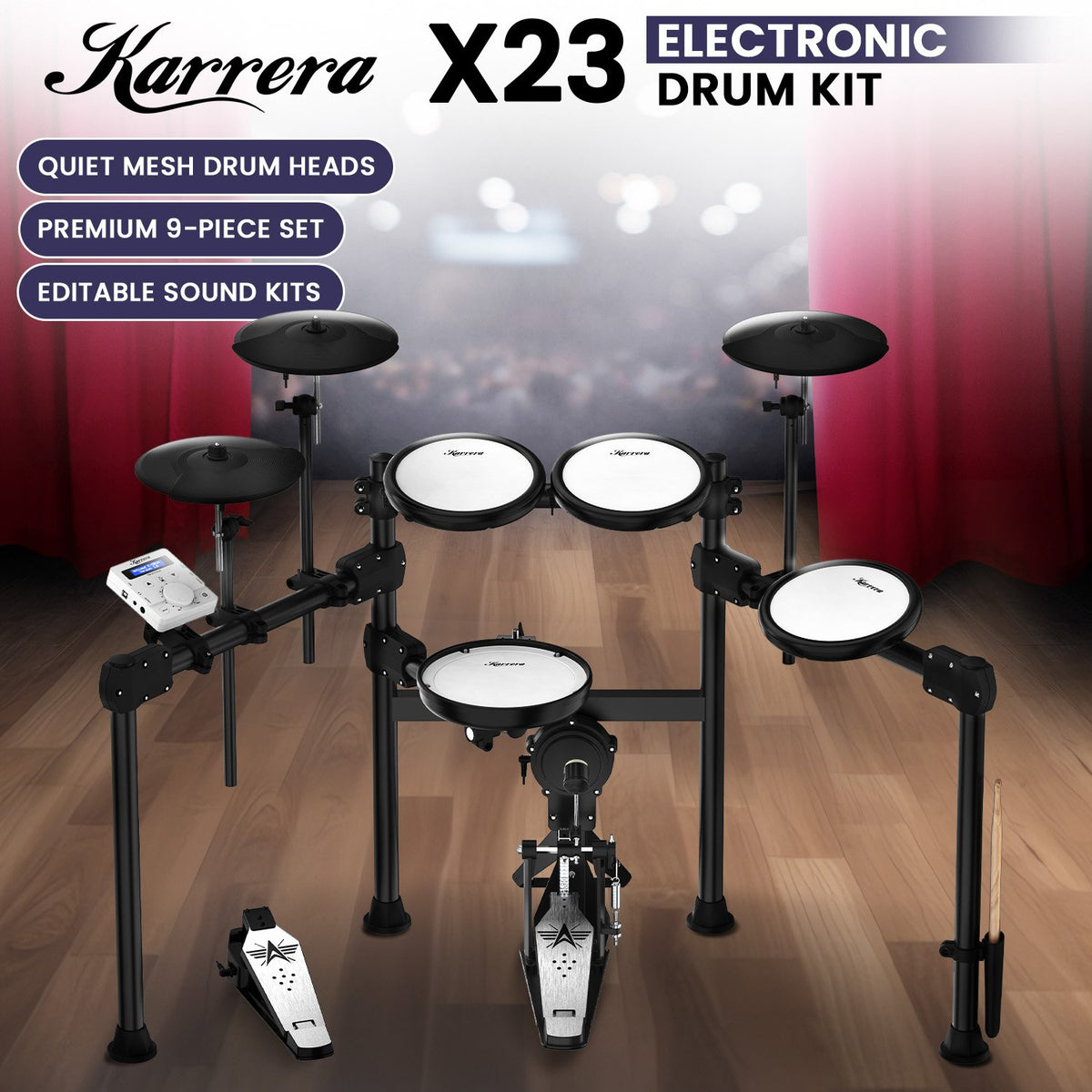 Karrera X23 Electronic Drum Kit | Quiet Mesh Drum Heads | Editable Sound Kits | USB MIDI | 420 Sounds