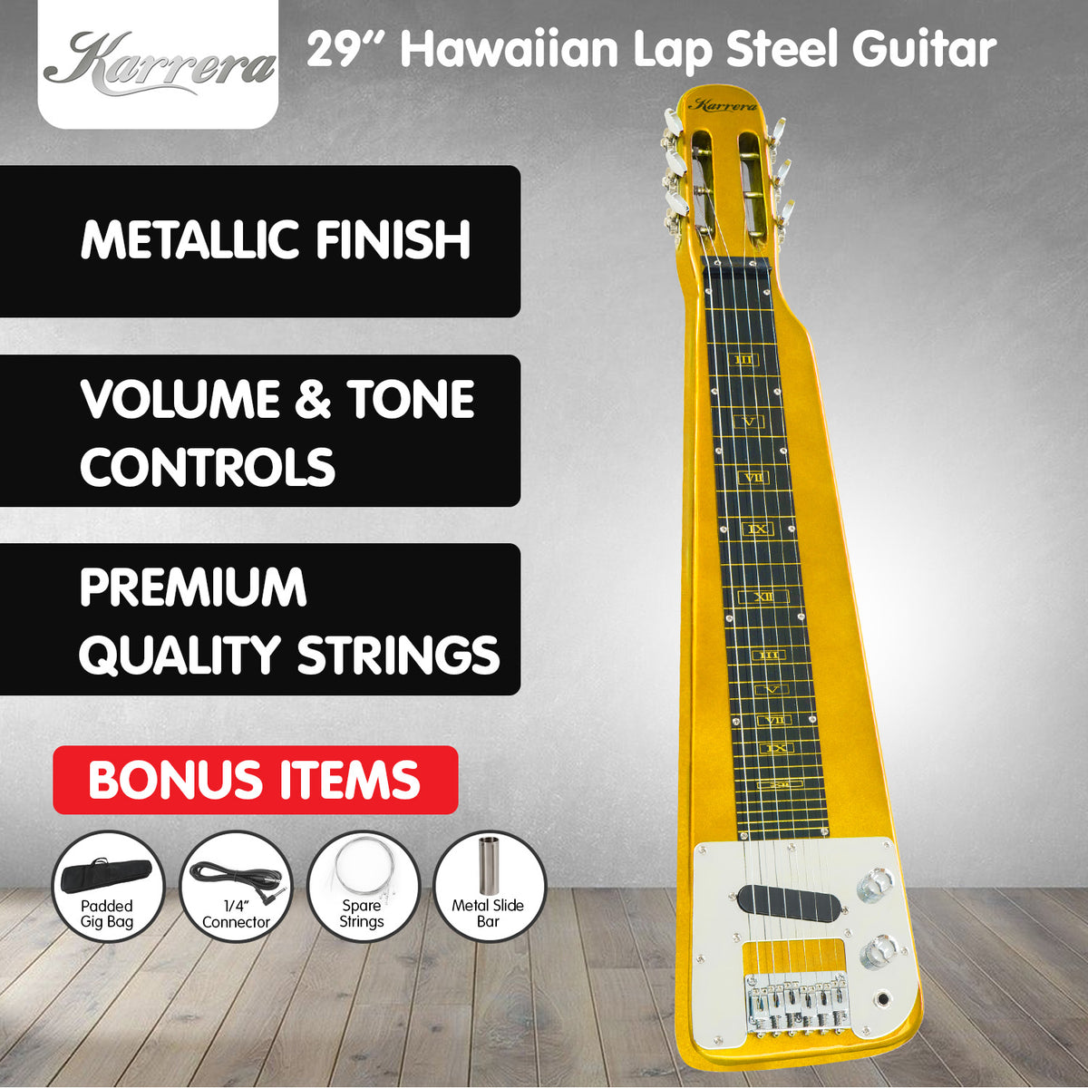 Karrera 29in 6-String Lap Steel Hawaiian Guitar | Metallic Gold | Professional Instrument