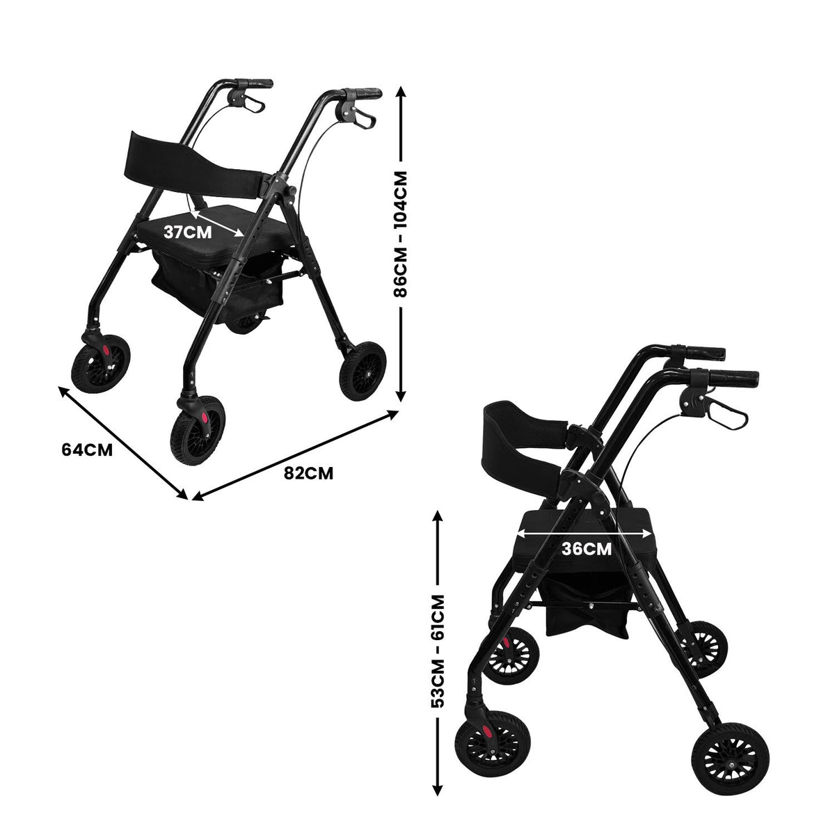 Orthonica Foldable Steel Rollator | Mobility Aid | 136kg Max Capacity | Black
