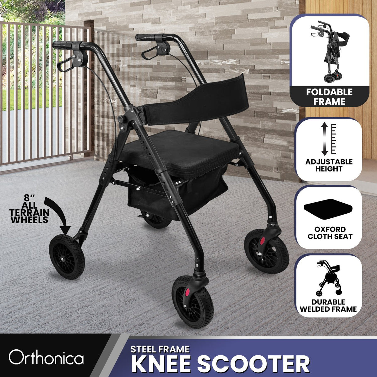 Orthonica Foldable Steel Rollator | Mobility Aid | 136kg Max Capacity | Black