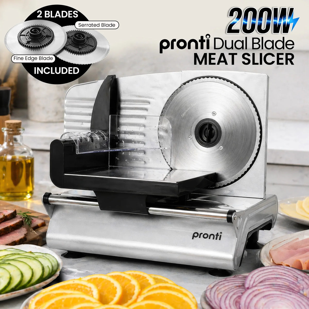 Pronti Electric Deli and Food Slicer with Adjustable Thickness - White