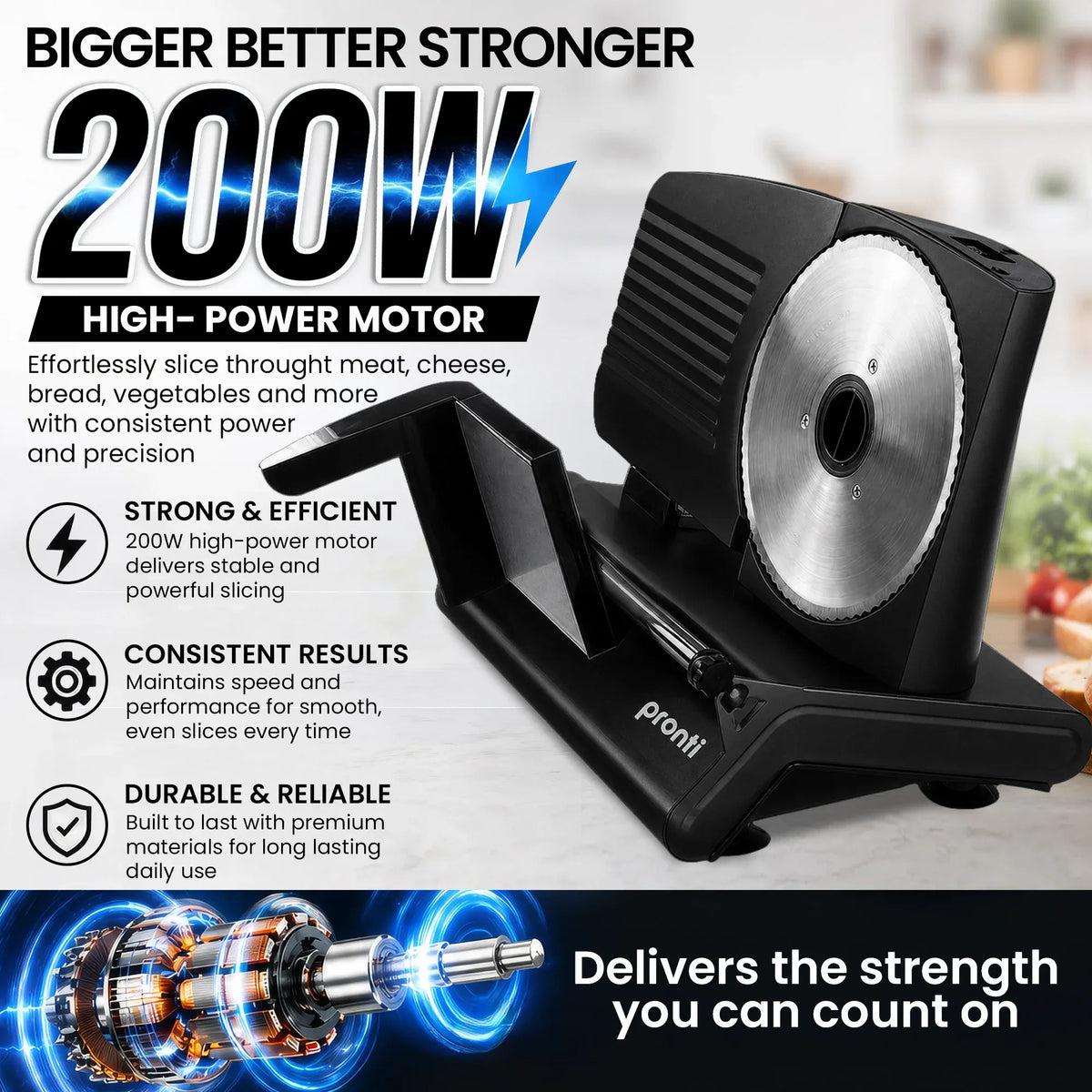 Pronti Electric Deli and Food Slicer with Adjustable Thickness - Black