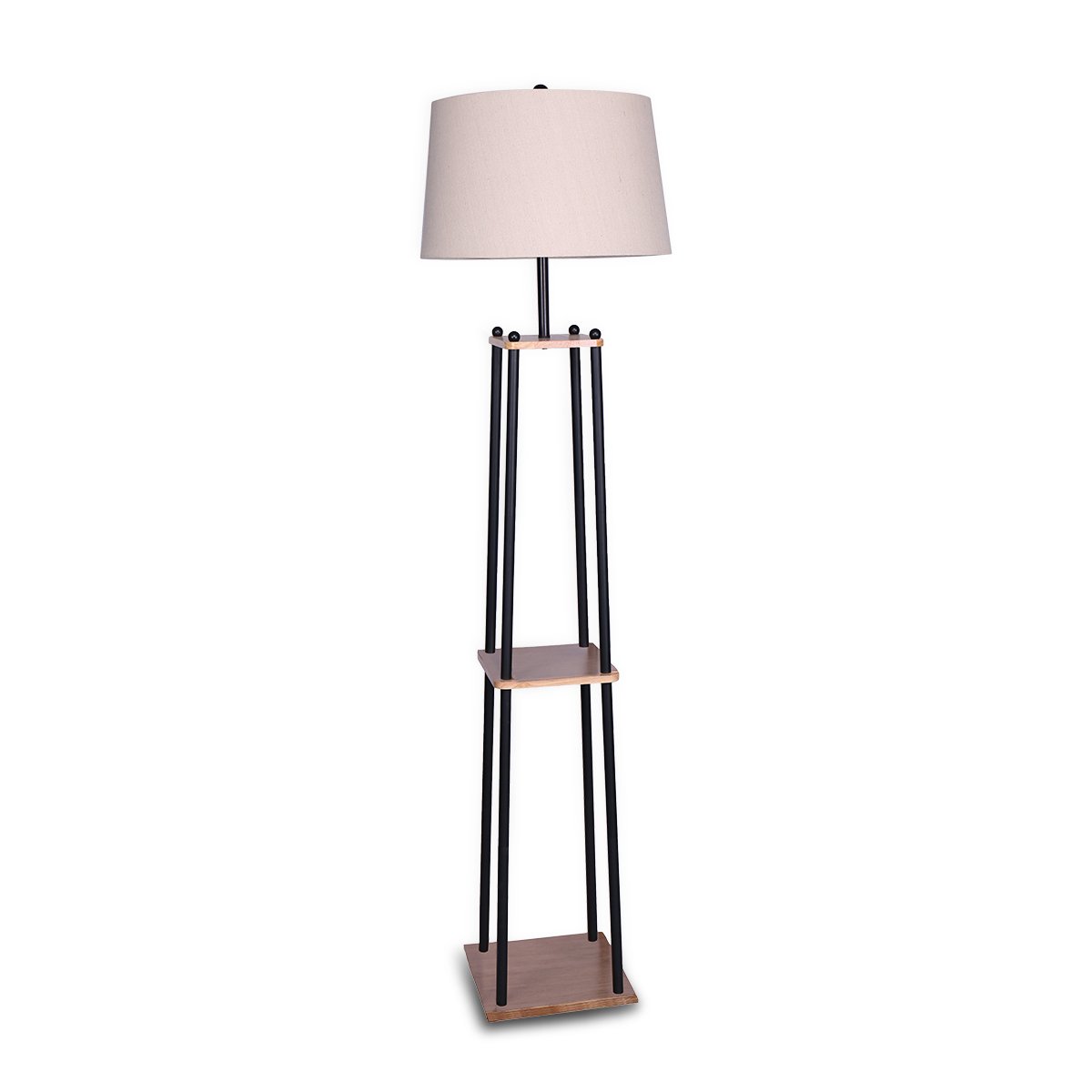 Metal Etagere Floor Lamp | Wood Shelf | Cream Fabric Shade