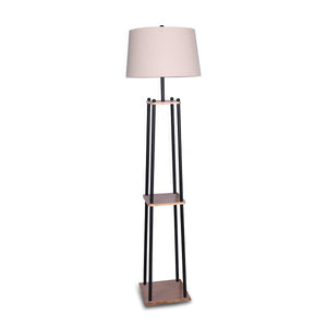 Metal Etagere Floor Lamp | Wood Shelf | Cream Fabric Shade
