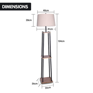 Metal Etagere Floor Lamp | Wood Shelf | Cream Fabric Shade
