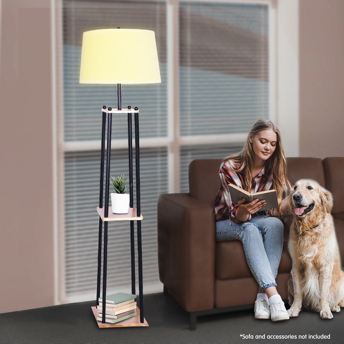 Metal Etagere Floor Lamp | Wood Shelf | Cream Fabric Shade