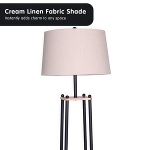 Metal Etagere Floor Lamp | Wood Shelf | Cream Fabric Shade
