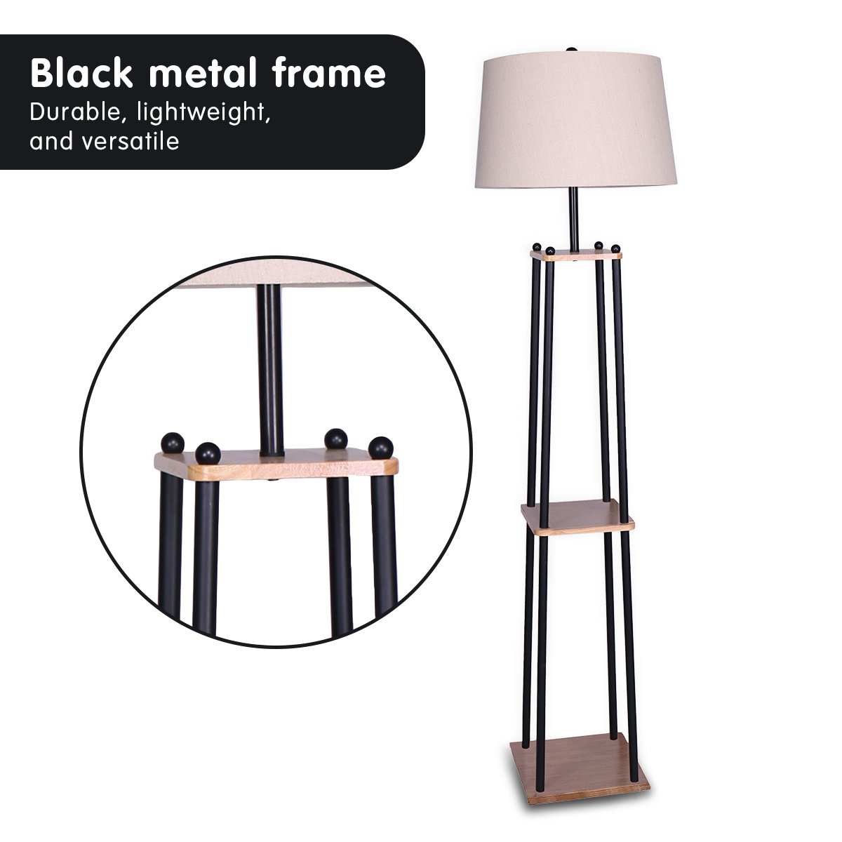 Metal Etagere Floor Lamp | Wood Shelf | Cream Fabric Shade