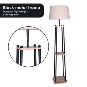 Metal Etagere Floor Lamp | Wood Shelf | Cream Fabric Shade