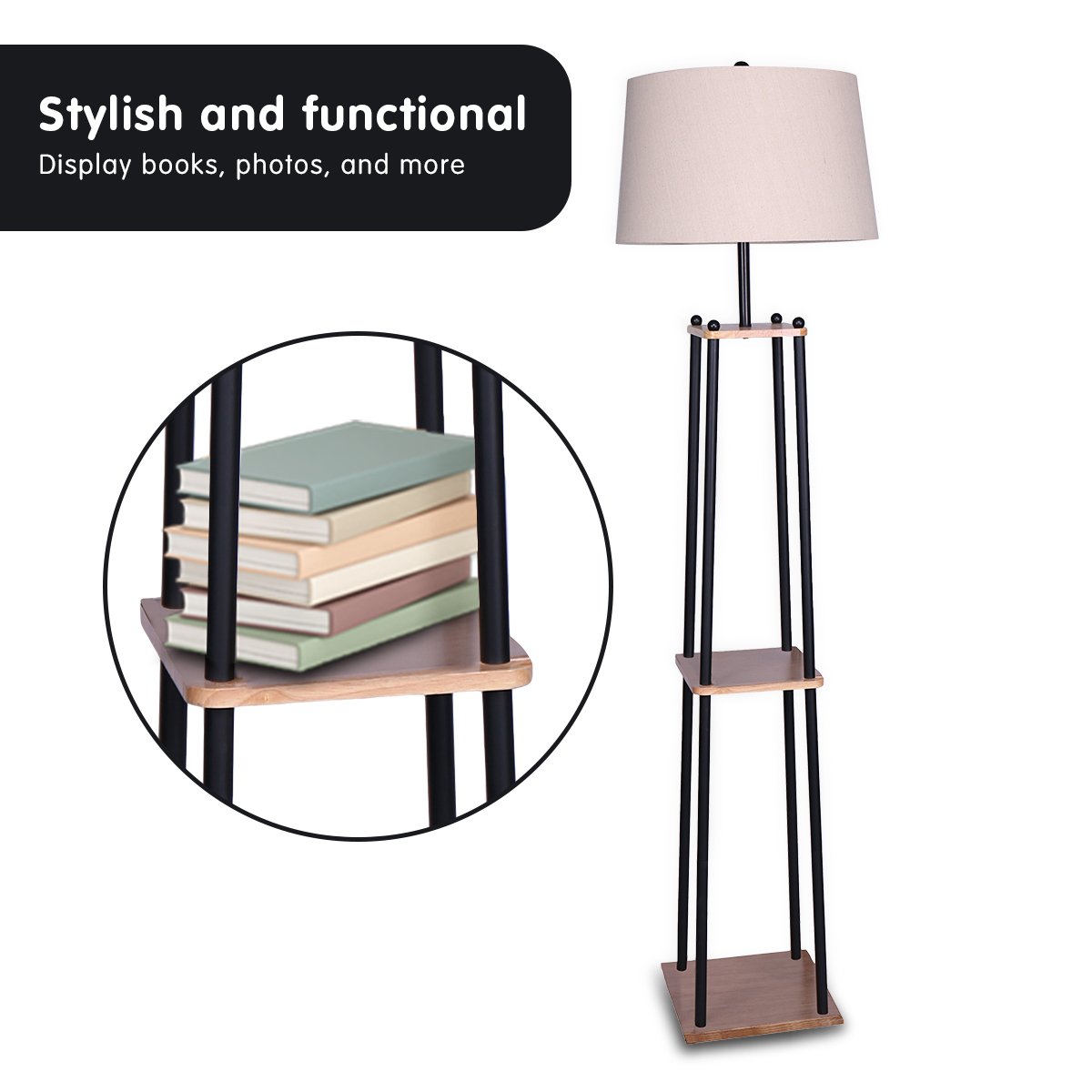 Metal Etagere Floor Lamp | Wood Shelf | Cream Fabric Shade