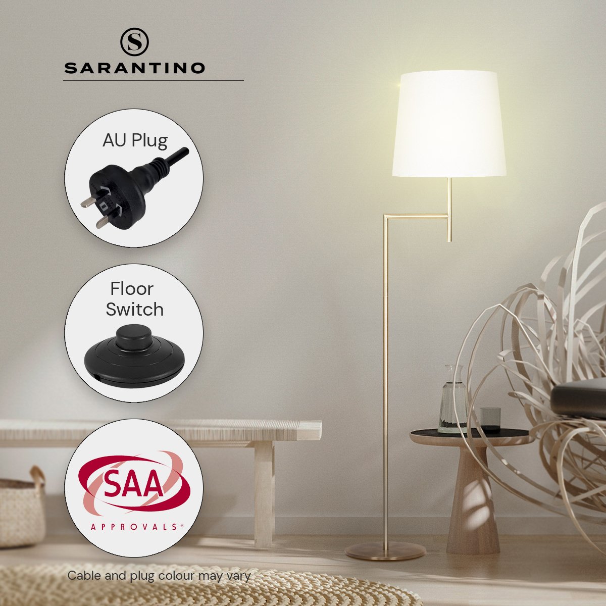 Metal Floor Lamp in Antique Brass Finish | Cream Linen Fabric Shade