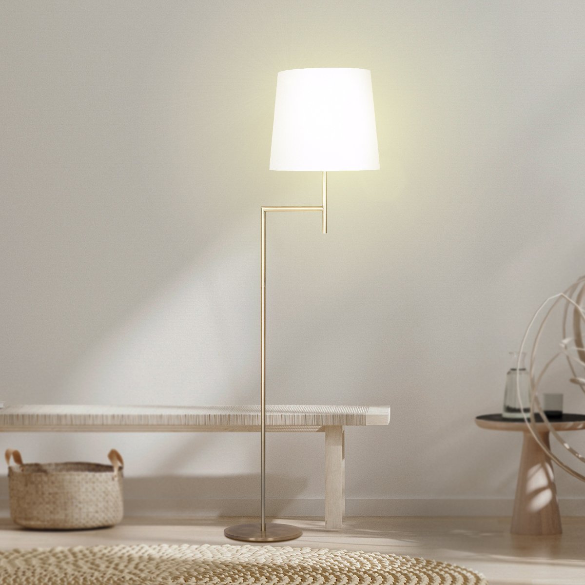 Metal Floor Lamp in Antique Brass Finish | Cream Linen Fabric Shade