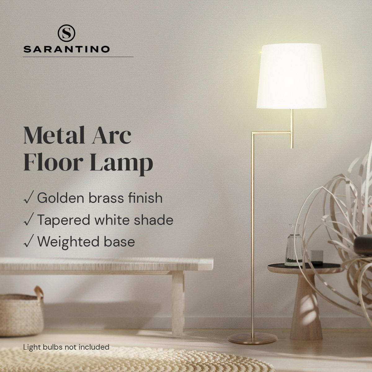 Metal Floor Lamp in Antique Brass Finish | Cream Linen Fabric Shade